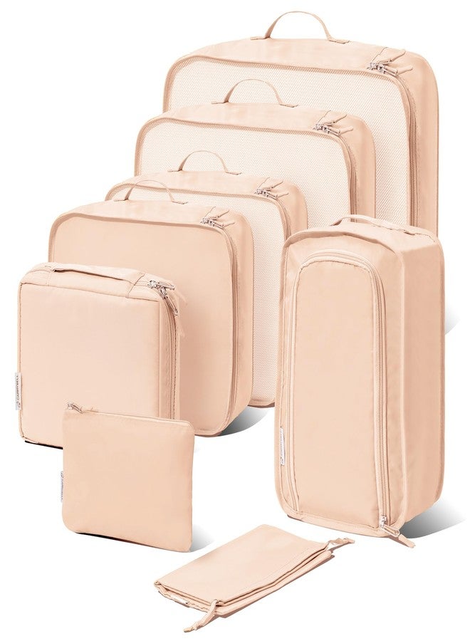 Carrywell 8 Set Packing Cubes For Travel, Not-Made In China, Luggage and Suitcase Organizer Bags, Lightweight and Waterproof Nylon, Beige - Image 1